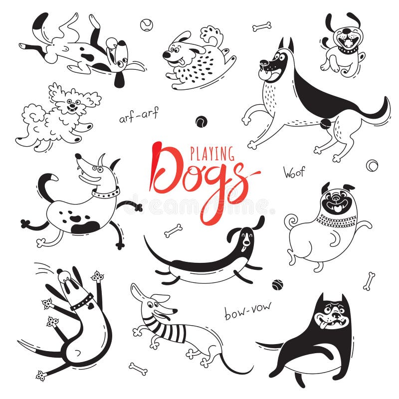 Het spelen honden Grappig schoothondje, gelukkige pug, bastaards en andere rassen Reeks geïsoleerde vectortekeningen voor ontwerp royalty-vrije illustratie Het spelen honden Grappig schoothondje, gelukkige pug, bastaards en andere rassen Reeks geïsoleerde vectortekeningen voor ontwerp royalty-vrije illustratie