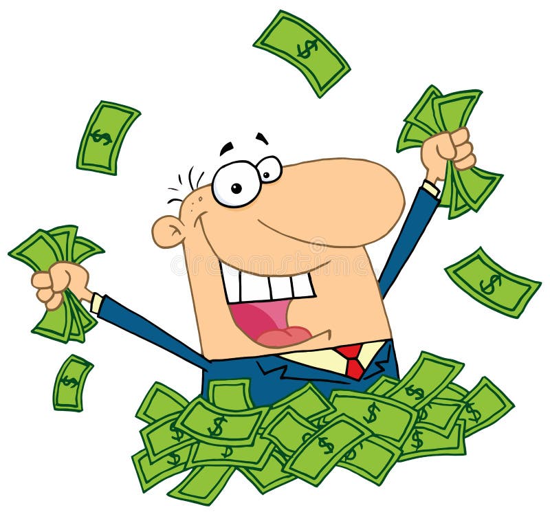 Verkoper speelt in een stapel geld royalty-vrije illustratie
