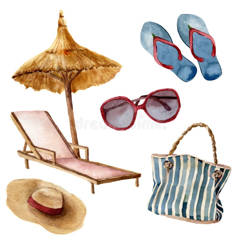 Het strandreeks van de waterverfzomer De hand schilderde de voorwerpen van de de zomervakantie: zonnebril, strandparaplu, ligstoe stock illustratie Het strandreeks van de waterverfzomer De hand schilderde de voorwerpen van de de zomervakantie: zonnebril, strandparaplu, ligstoe stock illustratie