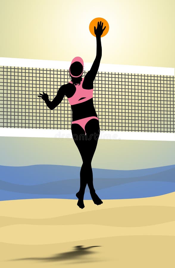 Het strandvolleyball playes breekt de bal voor het net stock illustratie Het strandvolleyball playes breekt de bal voor het net stock illustratie