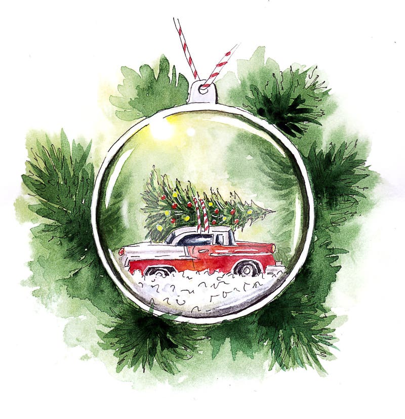 Het stuk speelgoed van de het glaskerstboom van waterverfkerstmis card_ royalty-vrije illustratie Het stuk speelgoed van de het glaskerstboom van waterverfkerstmis card_ royalty-vrije illustratie