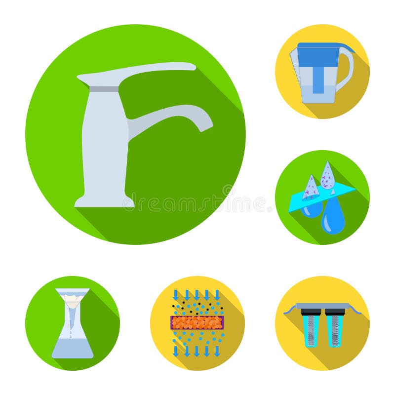 Het systeem vlakke pictogrammen van de waterfiltratie in vastgestelde inzameling voor ontwerp De schoonmakende illustratie van he vector illustratie Het systeem vlakke pictogrammen van de waterfiltratie in vastgestelde inzameling voor ontwerp De schoonmakende illustratie van he vector illustratie