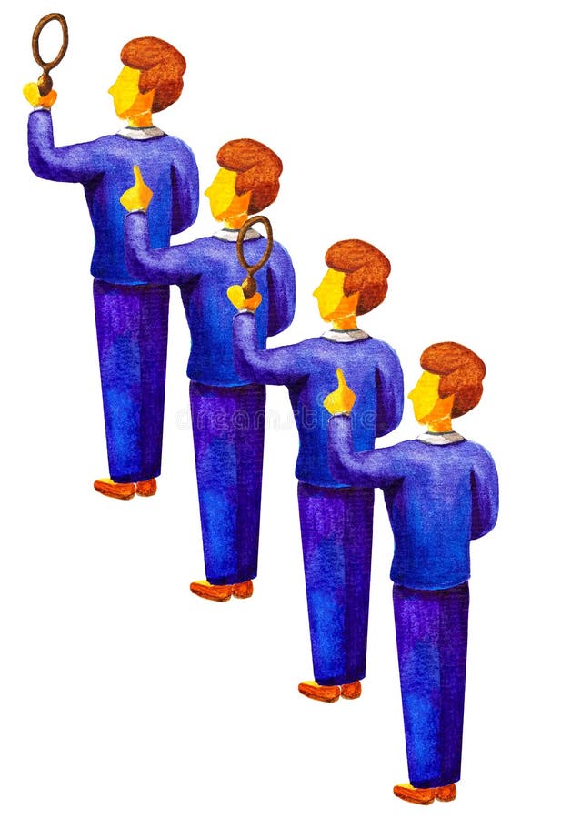 Het teamwerk om het antwoord, ideeën, oplossingen te vinden Jonge beambtentribune op een rij Men houdt een vergrootglas, een ande royalty-vrije illustratie Het teamwerk om het antwoord, ideeën, oplossingen te vinden Jonge beambtentribune op een rij Men houdt een vergrootglas, een ande royalty-vrije illustratie