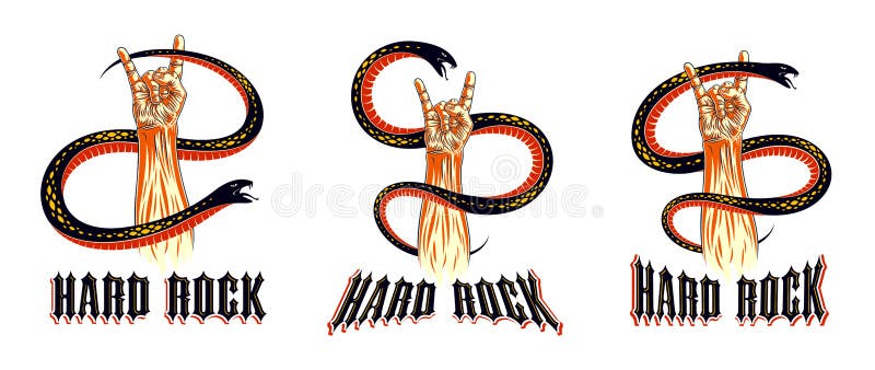 Het teken van de rotshand met agressieve slangreeks, hete muziekrots - en - rolt gebaar en serpent, het overleg van het Hardrockf stock illustratie Het teken van de rotshand met agressieve slangreeks, hete muziekrots - en - rolt gebaar en serpent, het overleg van het Hardrockf stock illustratie