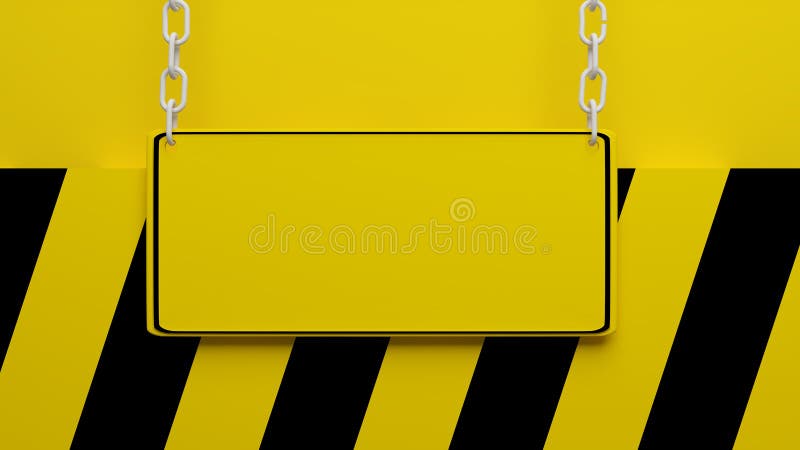 Yellow and black caution background with blank sign hanging in chains. Yellow and black caution background with blank sign hanging in chains.