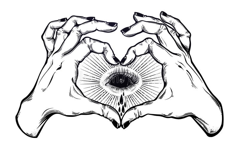 Het teken van het twee handenhart met zwart leeg kwaad oog vector illustratie Het teken van het twee handenhart met zwart leeg kwaad oog vector illustratie