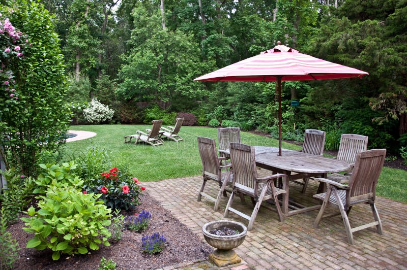 Brick Patio in Peaceful Backyard Setting. Brick Patio in Peaceful Backyard Setting