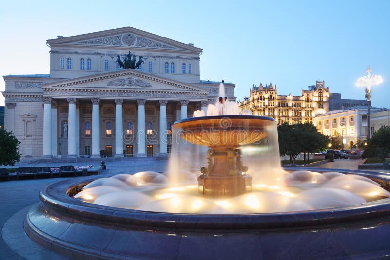 Bolshoi Theatre (Great Theater) and fountain at evening in Moscow, Russia. Bolshoi Theatre (Great Theater) and fountain at evening in Moscow, Russia.