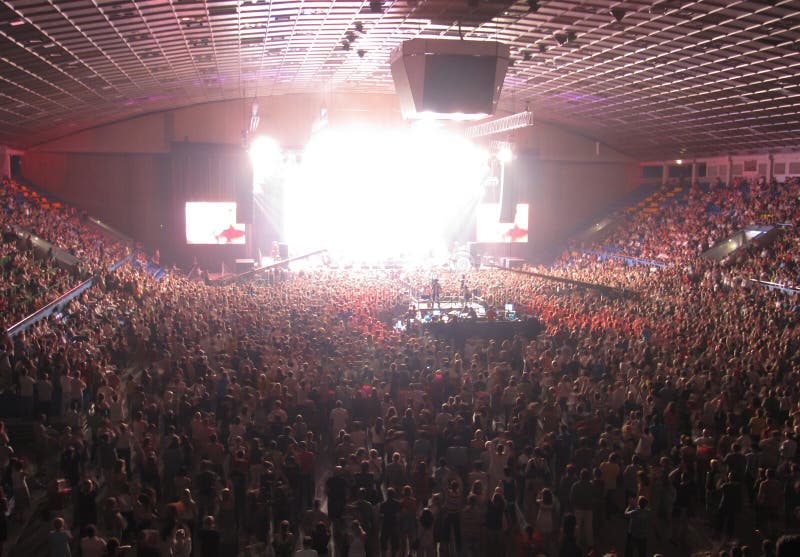 Het toejuichen menigte in een concertzaal royalty-vrije stock foto's Het toejuichen menigte in een concertzaal royalty-vrije stock foto's