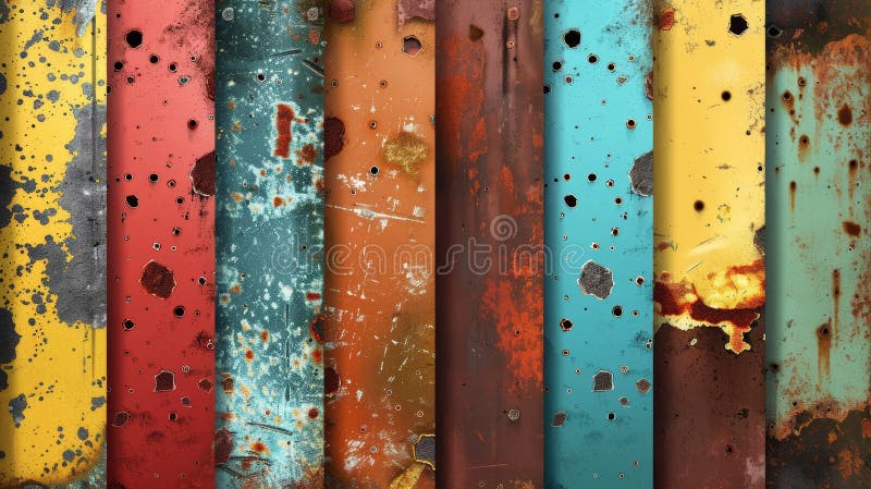 It shows rust on a rough metallic surface with red, yellow, blue, green and turquoise paint and ferruginous spots, Modern seamless background.. AI generated. It shows rust on a rough metallic surface with red, yellow, blue, green and turquoise paint and ferruginous spots, Modern seamless background.. AI generated