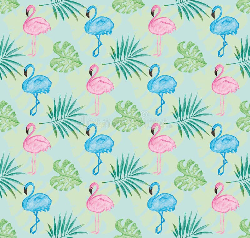 Het tropische patroon met blauwe achtergrond en waterverf schilderde roze flamingo en bladeren stock illustratie Het tropische patroon met blauwe achtergrond en waterverf schilderde roze flamingo en bladeren stock illustratie