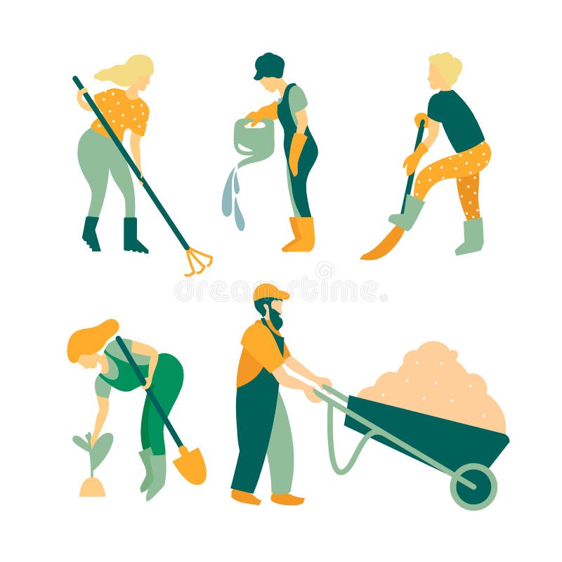 Het tuinieren Een reeks voorwerpen en mensen betrokken bij de zorg van installaties Tuinliedenmannen en vrouwen, zorghulpmiddelen stock illustratie Het tuinieren Een reeks voorwerpen en mensen betrokken bij de zorg van installaties Tuinliedenmannen en vrouwen, zorghulpmiddelen stock illustratie