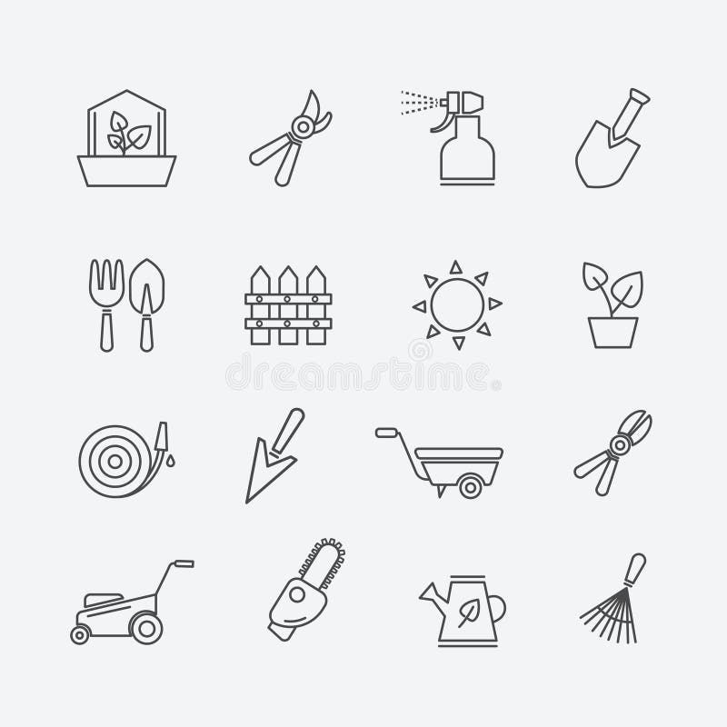 Het tuinieren lijnpictogrammen Tuinmanhulpmiddelen en van tuinelementen overzichtstekens Omheiningssnoeischaar, de vector van de royalty-vrije illustratie Het tuinieren lijnpictogrammen Tuinmanhulpmiddelen en van tuinelementen overzichtstekens Omheiningssnoeischaar, de vector van de royalty-vrije illustratie