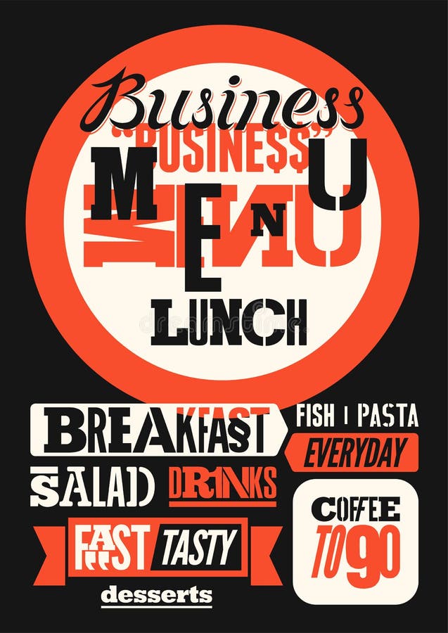 Het typografische ontwerp van het restaurantmenu Uitstekende bedrijfslunchaffiche Vector illustratie stock illustratie Het typografische ontwerp van het restaurantmenu Uitstekende bedrijfslunchaffiche Vector illustratie stock illustratie
