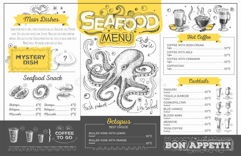 Het uitstekende ontwerp van het zeevruchtenmenu Het diner van het huwelijk met gerookt broodjesvlees en tomaten royalty-vrije illustratie Het uitstekende ontwerp van het zeevruchtenmenu Het diner van het huwelijk met gerookt broodjesvlees en tomaten royalty-vrije illustratie