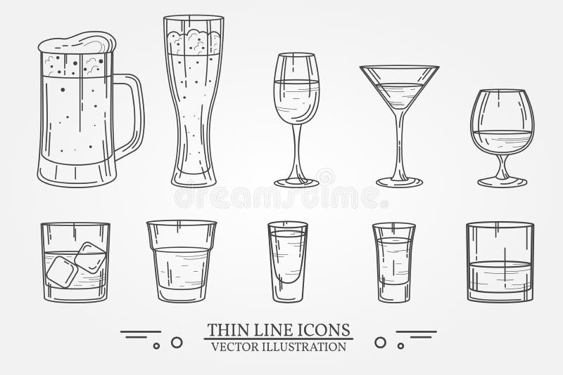 Het vastgestelde glas van de drankalcohol voor bier, whisky, wijn, tequila, cognac, champagne, brandewijn, cocktails, alcoholisch