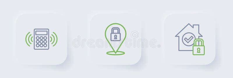 Set line House under protection Lock and Security keypad access panel icon. Vector. Set line House under protection Lock and Security keypad access panel icon. Vector.