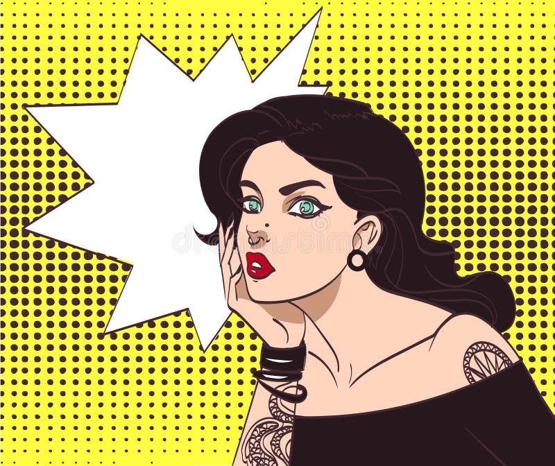 Het vector mooie gotische punkhipstermeisje in pop-artstijl met tatoo en de toespraak borrelen wauw Eps 10 in vele lagen voor vector illustratie Het vector mooie gotische punkhipstermeisje in pop-artstijl met tatoo en de toespraak borrelen wauw Eps 10 in vele lagen voor vector illustratie