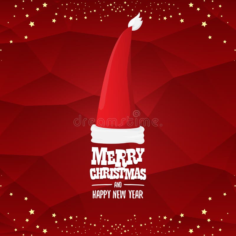 Het vector rode die etiket van de Kerstmanhoed op rode achtergrond met Vrolijke Kerstmis van de groettekst en gouden sterren en l vector illustratie Het vector rode die etiket van de Kerstmanhoed op rode achtergrond met Vrolijke Kerstmis van de groettekst en gouden sterren en l vector illustratie