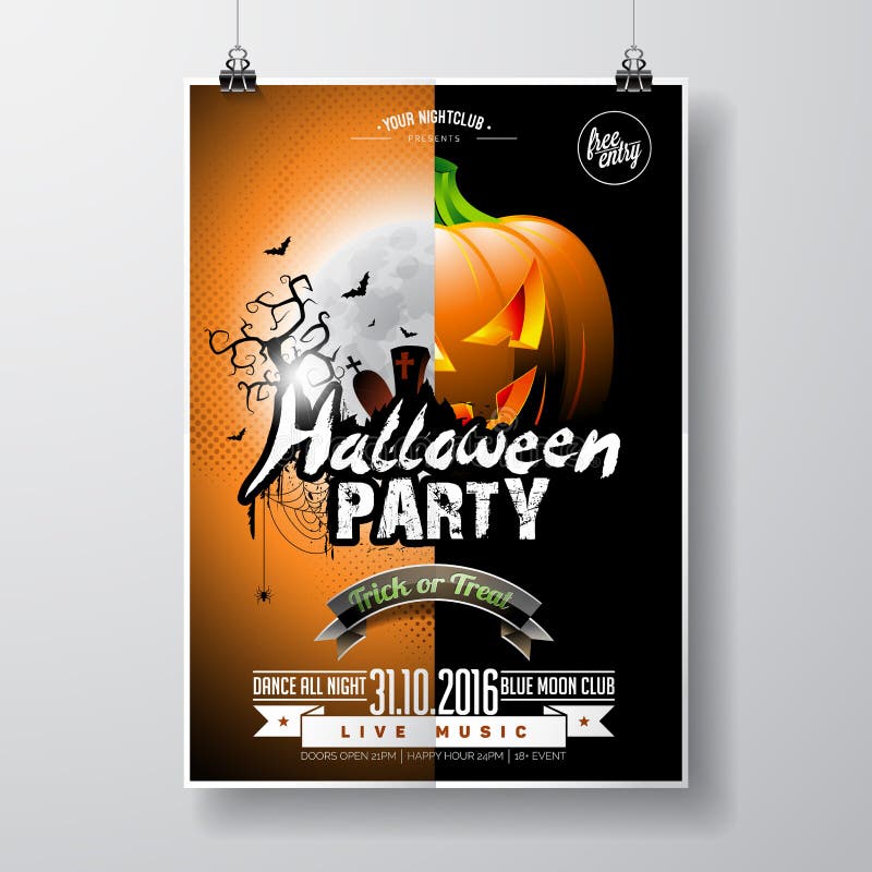 Vector Halloween Party Flyer Design with typographic elements and pumpkin on orange background. Graves, bats and moon. Eps10 illustration. Vector Halloween Party Flyer Design with typographic elements and pumpkin on orange background. Graves, bats and moon. Eps10 illustration.