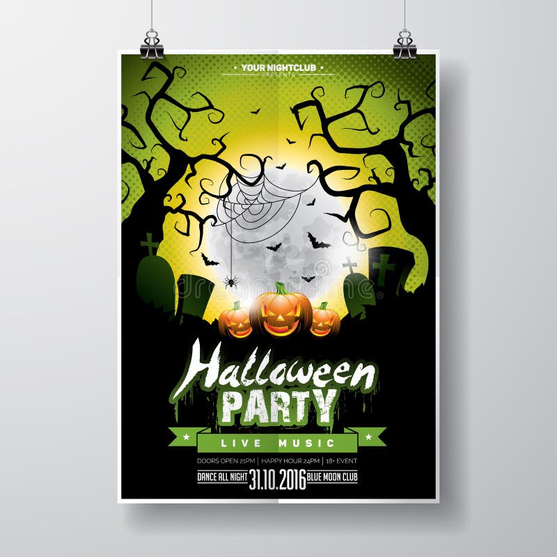 Vector Halloween Party Flyer Design with typographic elements and pumpkin on green background. Graves, bats and moon. Eps10 illustration. Vector Halloween Party Flyer Design with typographic elements and pumpkin on green background. Graves, bats and moon. Eps10 illustration.