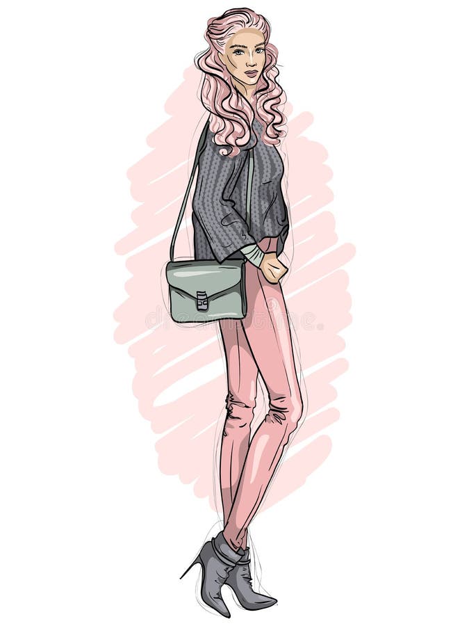 Het vectorhipstermeisje kleedde zich in jeans, sweater, enkellaarzen met zak over haar schouder, kleurenschets stock illustratie Het vectorhipstermeisje kleedde zich in jeans, sweater, enkellaarzen met zak over haar schouder, kleurenschets stock illustratie