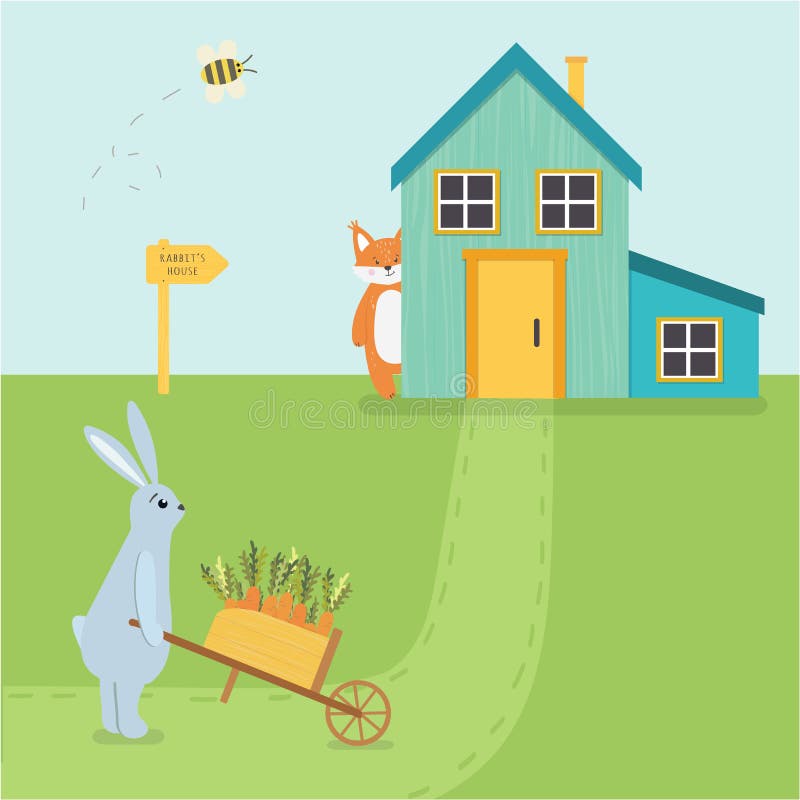 Het vectorkarakter van illustratie leuke hazen met een kruiwagen en een vos vector illustratie Het vectorkarakter van illustratie leuke hazen met een kruiwagen en een vos vector illustratie