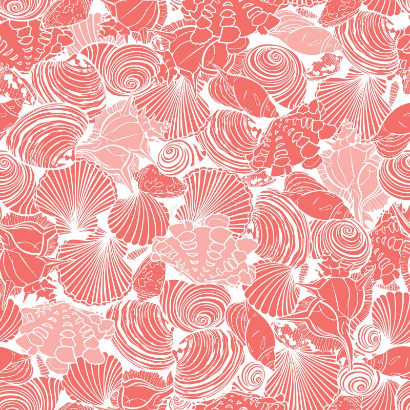 Het vectorkoraalroze herhaalt patroon met verscheidenheid van het overlaping van zeeschelpen Perfectioneer voor Stof, Scrapbookin royalty-vrije illustratie Het vectorkoraalroze herhaalt patroon met verscheidenheid van het overlaping van zeeschelpen Perfectioneer voor Stof, Scrapbookin royalty-vrije illustratie