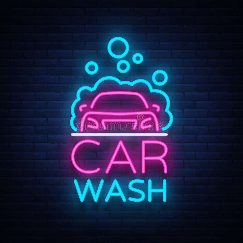 Car wash logo vector design in neon style vector illustration isolated. Template, concept, luminous signboard icon on a car wash theme. Luminous banner. Car wash logo vector design in neon style vector illustration isolated. Template, concept, luminous signboard icon on a car wash theme. Luminous banner.