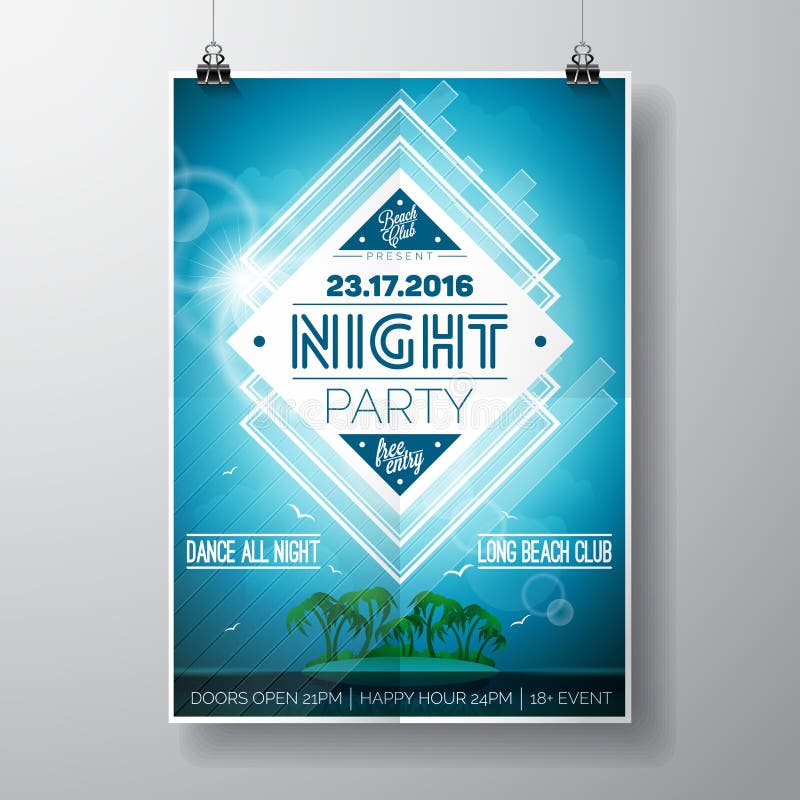 Het vectorontwerp van de de Partijvlieger van het de Zomerstrand met typografische elementen en exemplaarruimte op oceaanlandscha vector illustratie Het vectorontwerp van de de Partijvlieger van het de Zomerstrand met typografische elementen en exemplaarruimte op oceaanlandscha vector illustratie