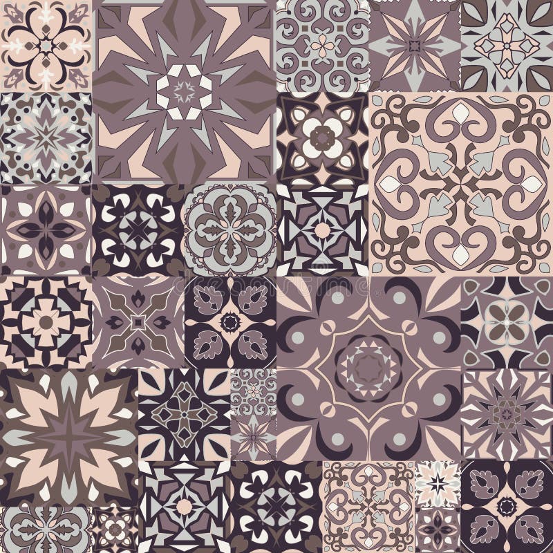 Het vectorornament van het mozaïeklapwerk met vierkante tegels Naadloze textuur Portugees azulejos decoratief patroon royalty-vrije illustratie Het vectorornament van het mozaïeklapwerk met vierkante tegels Naadloze textuur Portugees azulejos decoratief patroon royalty-vrije illustratie