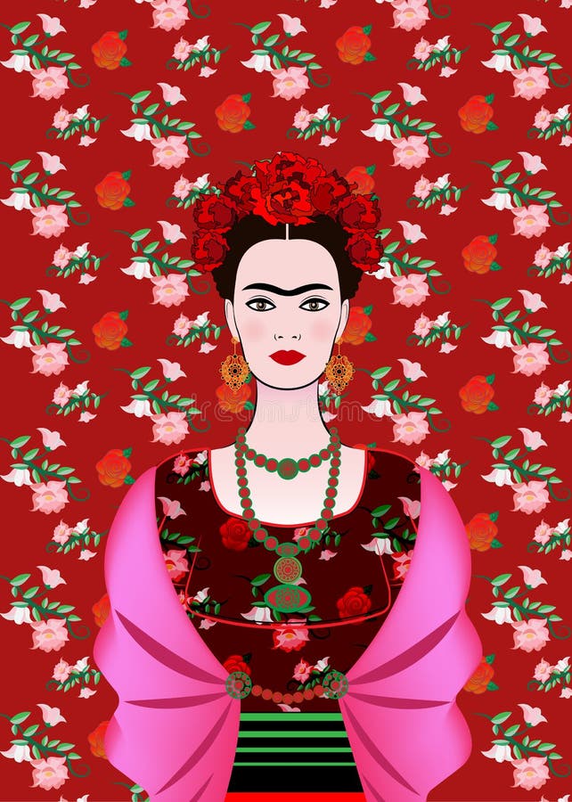 Het vectorportret van Frida Kahlo, Mexicaanse vrouw met een traditioneel kapsel Mexicaanse ambachtenjuwelen en rode bloemen Vecto stock illustratie Het vectorportret van Frida Kahlo, Mexicaanse vrouw met een traditioneel kapsel Mexicaanse ambachtenjuwelen en rode bloemen Vecto stock illustratie