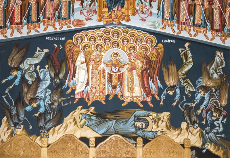 LEPSA, ROMANIA - MAY 02, 2015: The story of Luciferâ€™s fall and his acolytes from paradise into hell depiction in the fresco on the walls of Lepsa Monastery in Vrancea County, Romania. LEPSA, ROMANIA - MAY 02, 2015: The story of Luciferâ€™s fall and his acolytes from paradise into hell depiction in the fresco on the walls of Lepsa Monastery in Vrancea County, Romania