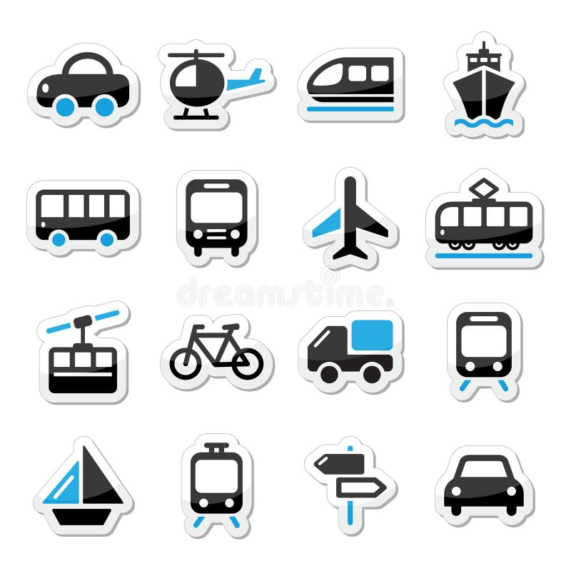 Het vervoer, geplaatste reispictogrammen isoalted op wit vector illustratie Het vervoer, geplaatste reispictogrammen isoalted op wit vector illustratie