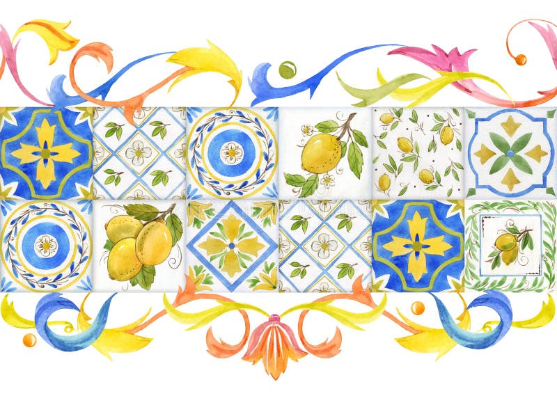 Watercolor ornament square summer pattern with Sicily yellow lemons. Watercolor ornament square summer pattern with Sicily yellow lemons