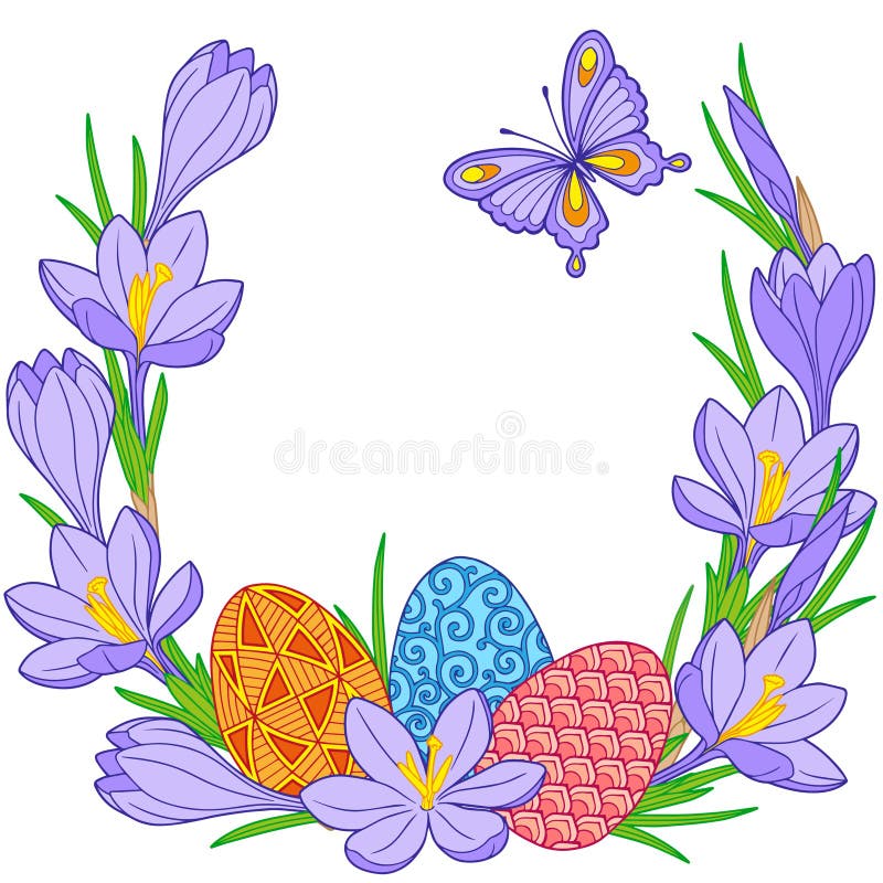 Spring flower vignette of crocuses and easter eggs. Background for design of cards to the Easter. Spring flower vignette of crocuses and easter eggs. Background for design of cards to the Easter.