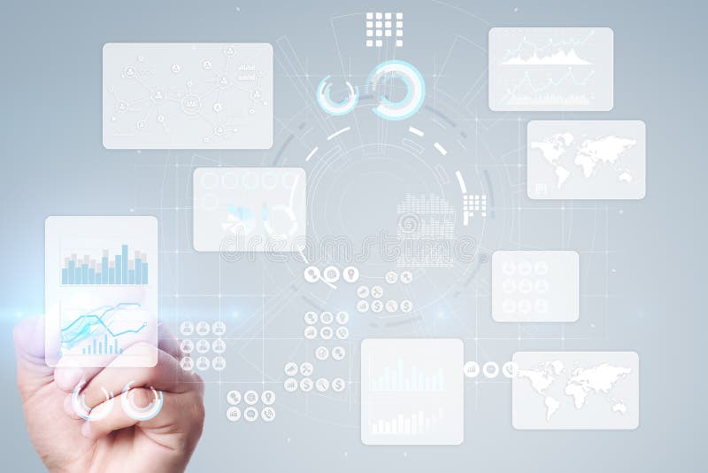 Het virtuele aanrakingsscherm Projectleiding De analyse van gegevens Hitech technologieoplossingen voor zaken ontwikkeling stock fotografie Het virtuele aanrakingsscherm Projectleiding De analyse van gegevens Hitech technologieoplossingen voor zaken ontwikkeling stock fotografie