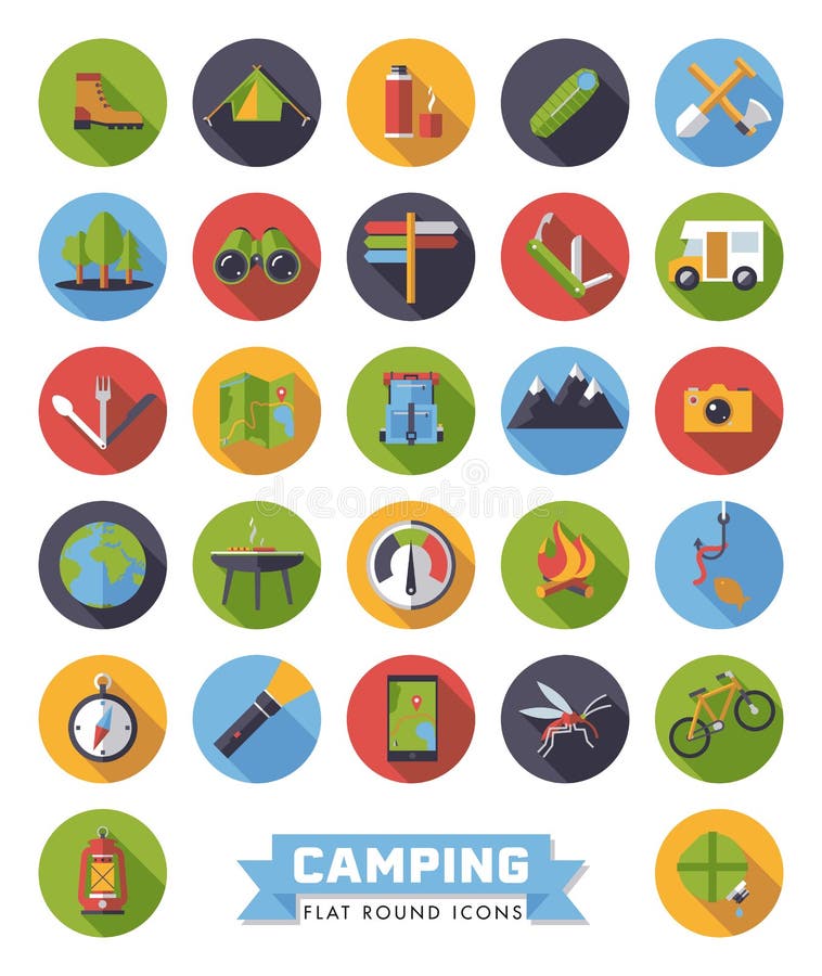Het vlakke Ontwerp Kamperen en Openluchtachtervolgingenpictogrammen vector illustratie Het vlakke Ontwerp Kamperen en Openluchtachtervolgingenpictogrammen vector illustratie