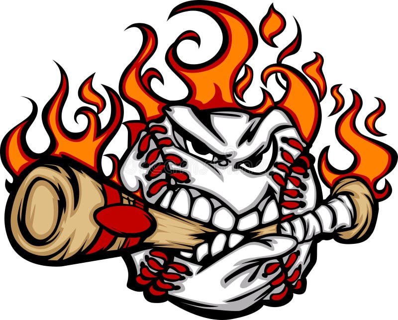 Het vlammende het Bijten van het Gezicht van de Bal van het Honkbal VectorBeeld van de Knuppel Het vlammende het Bijten van het Gezicht van de Bal van het Honkbal VectorBeeld van de Knuppel