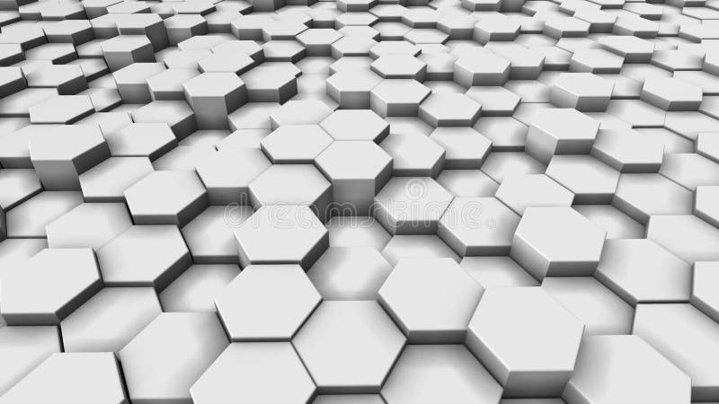 Het vliegen bij lage hoek over abstract netwerk van hexagonale achtergrond in grijze en witte tonen