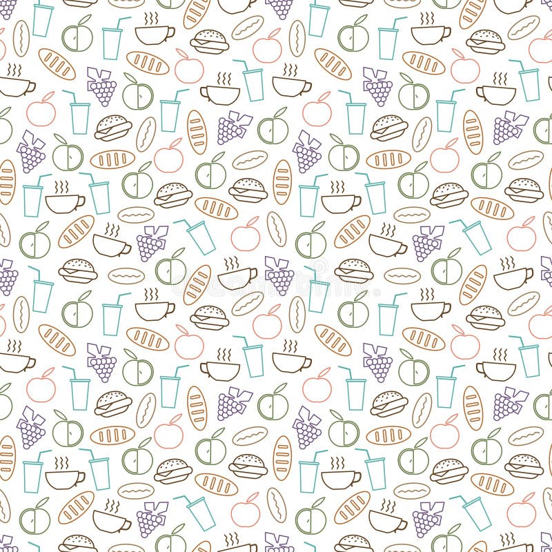 Het voedsel en het dranken naadloze patroon ontwerpen - naadloze textuur met hamburger, dranken, brood en vruchten lijnpictogramm vector illustratie Het voedsel en het dranken naadloze patroon ontwerpen - naadloze textuur met hamburger, dranken, brood en vruchten lijnpictogramm vector illustratie