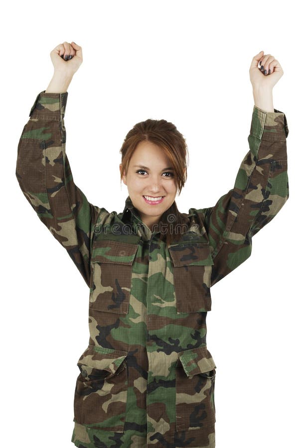 Het vrij jonge meisje kleedde zich in groene militair stock foto Het vrij jonge meisje kleedde zich in groene militair stock foto