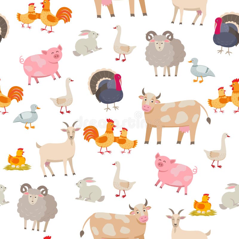 Het vrolijke leuke naadloze patroon van landbouwbedrijfdieren De karakters van het huisdierenbeeldverhaal op witte achtergrond in royalty-vrije illustratie Het vrolijke leuke naadloze patroon van landbouwbedrijfdieren De karakters van het huisdierenbeeldverhaal op witte achtergrond in royalty-vrije illustratie