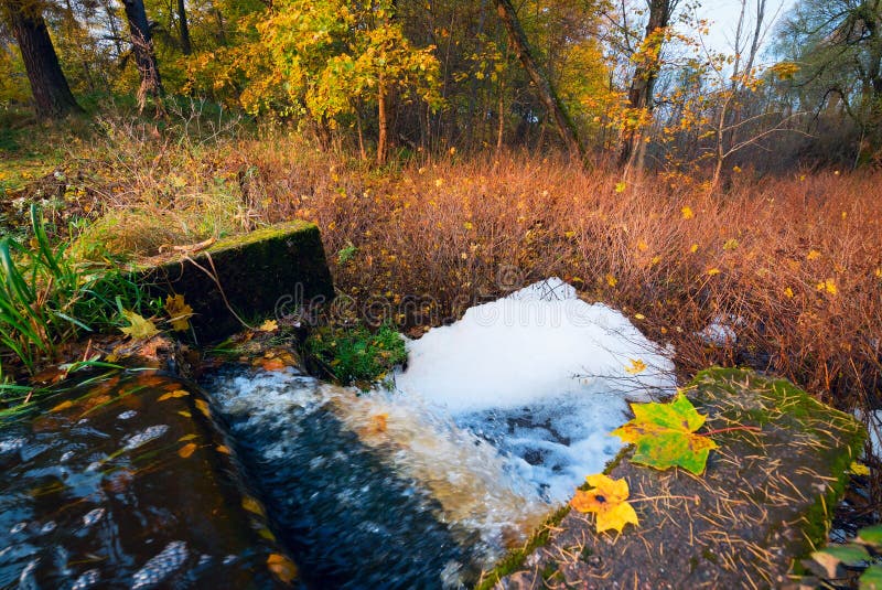 Het water stroomt van de vijver in de herfst royalty-vrije stock foto Het water stroomt van de vijver in de herfst royalty-vrije stock foto