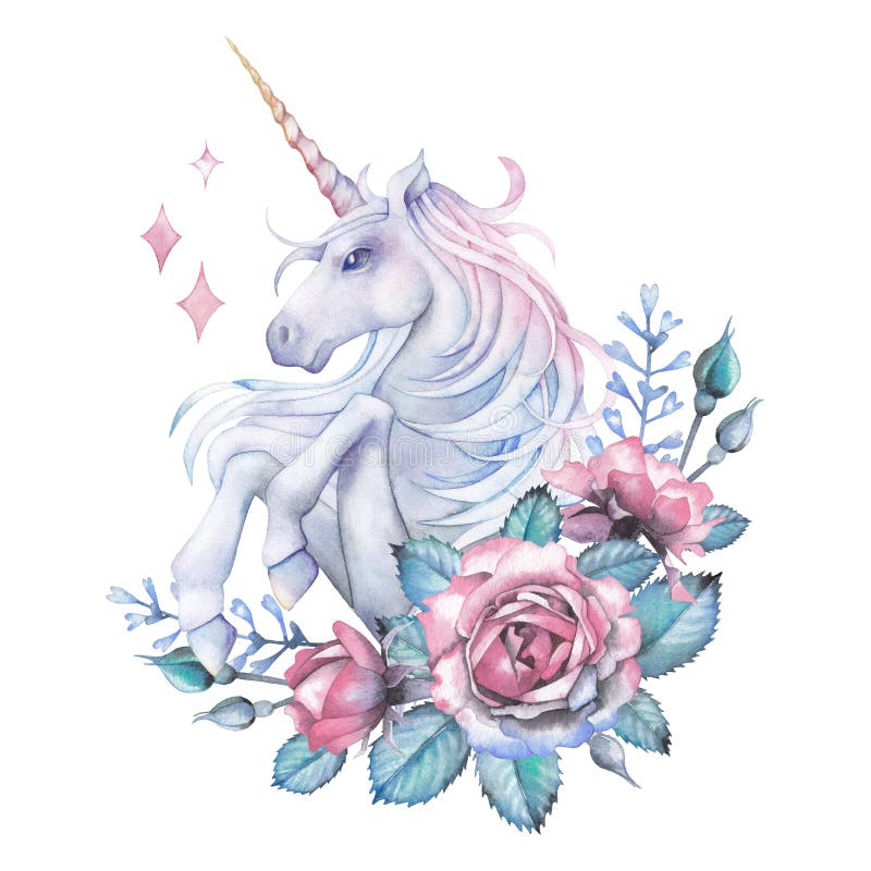 Cute watercolor design with pastel colored unicorn decorated with rose vignette. Hand painted elegant design isolated on white background. Cute watercolor design with pastel colored unicorn decorated with rose vignette. Hand painted elegant design isolated on white background