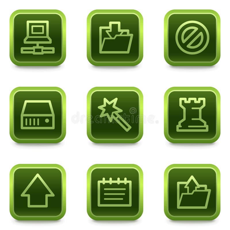 Het Webpictogrammen van gegevens, groene vierkante knopenreeks stock illustratie Het Webpictogrammen van gegevens, groene vierkante knopenreeks stock illustratie