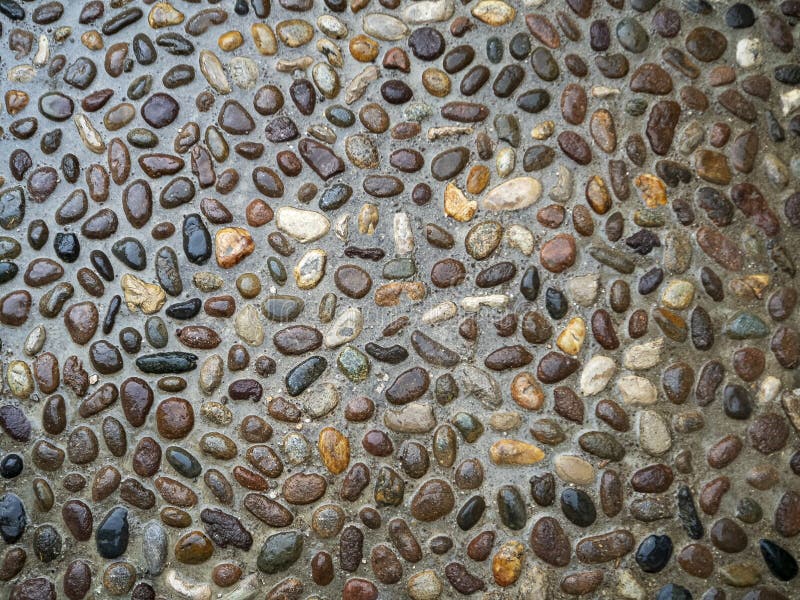 The pavement is paved with stones of approximately the same size. A multi-colored pattern of small stones wet from the rain. Colorful stone background. The pavement is paved with stones of approximately the same size. A multi-colored pattern of small stones wet from the rain. Colorful stone background