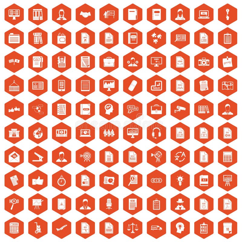 100 work paper icons set in orange hexagon isolated vector illustration. 100 work paper icons set in orange hexagon isolated vector illustration