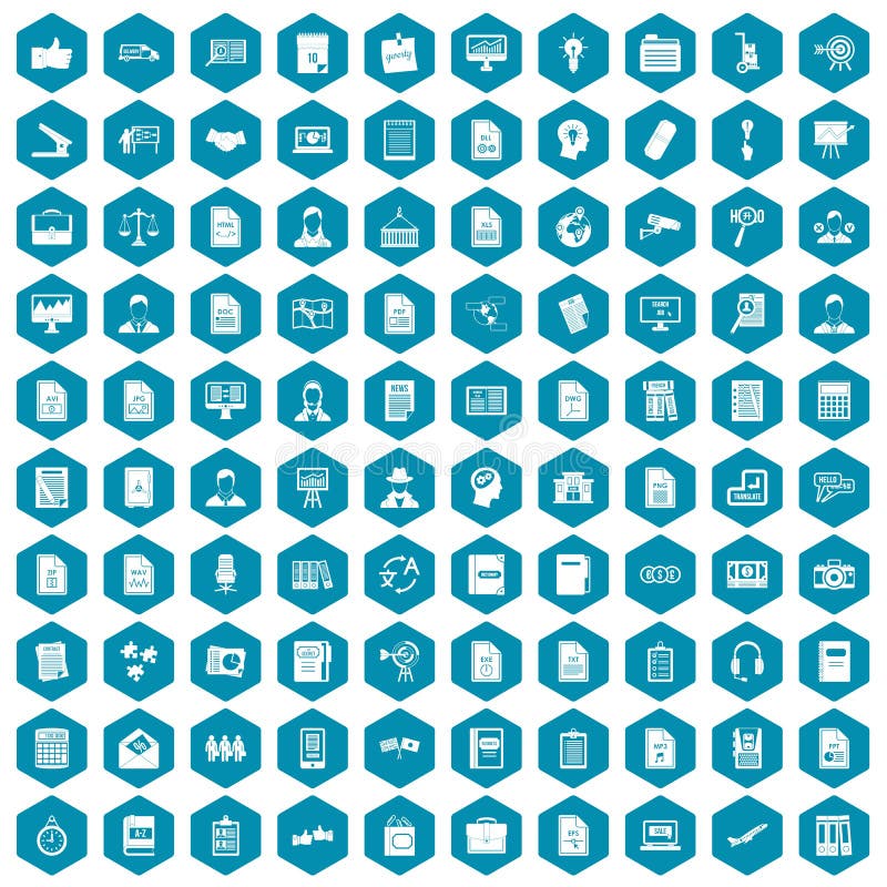 100 work paper icons set in sapphirine hexagon isolated vector illustration. 100 work paper icons set in sapphirine hexagon isolated vector illustration