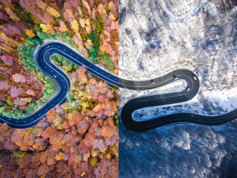Het winden de wegherfst versus De winter Lucht Mening stock foto Het winden de wegherfst versus De winter Lucht Mening stock foto